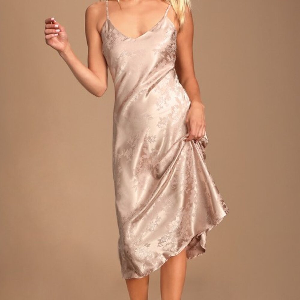 Lulus Calla Love Champagne Jacquard Satin Slip Dress Pink - Size S